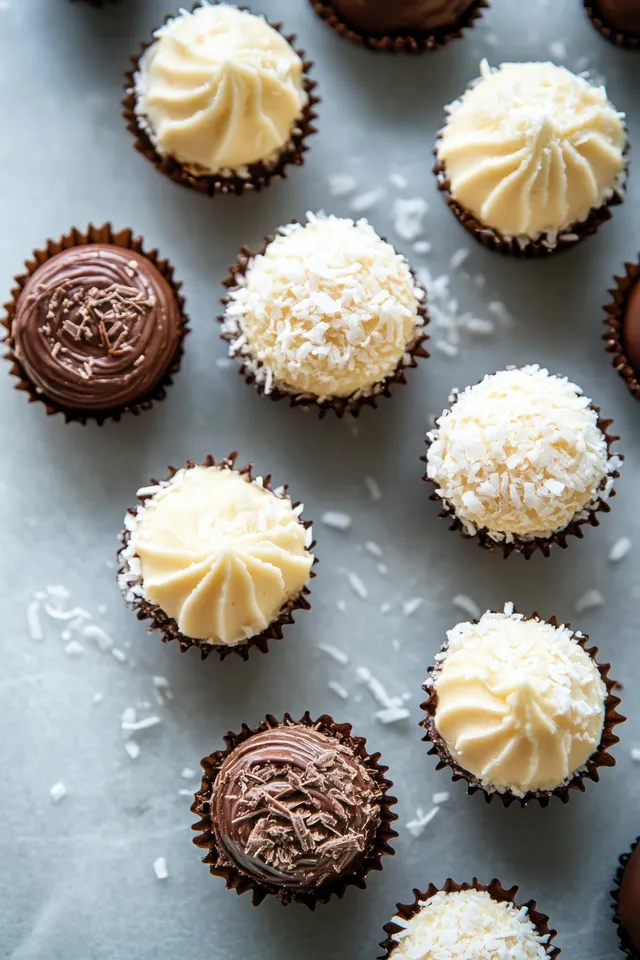 Mini chocolate and vanilla cupcakes with coconut and chocolate shavings on gray textured background