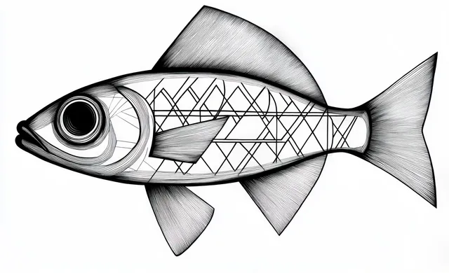 Black and white line drawing of a patterned fish with a large eye and detailed fins on a plain background.