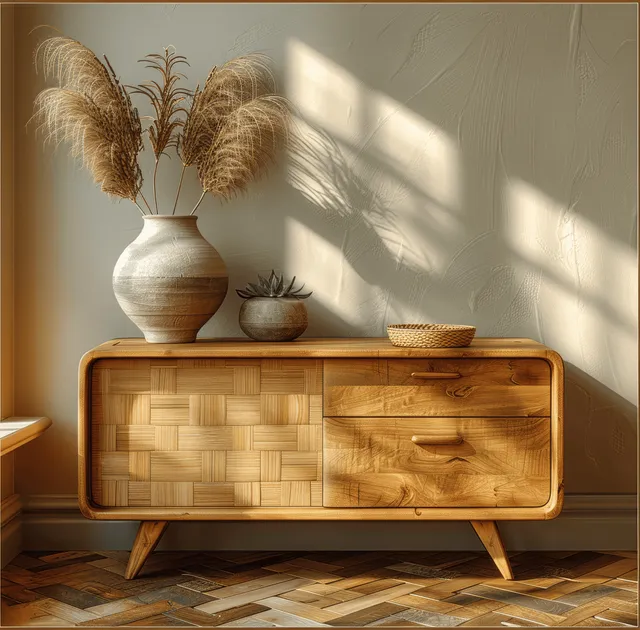 Warm sunlight falls on a wooden sideboard with woven texture and a vase of feather-like stems in a minimalist bedroom.