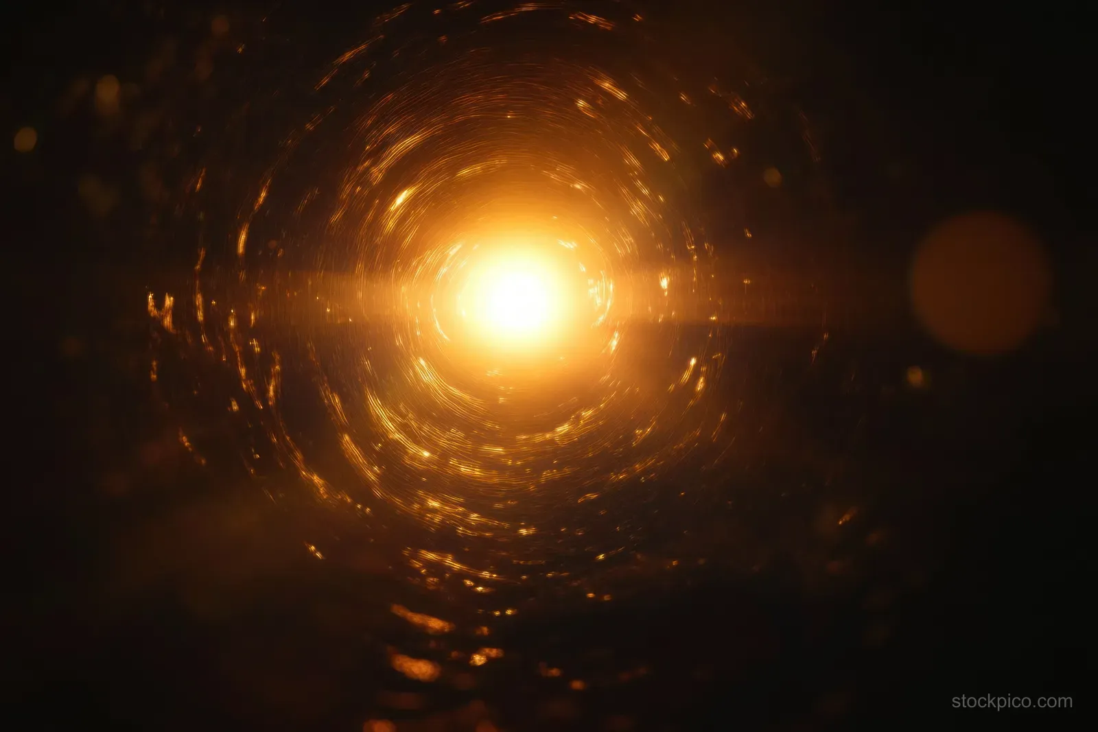 Golden glowing light core at the center of a swirling dark tunnel with scattered ember-like particles.