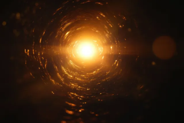 Golden glowing light core at the center of a swirling dark tunnel with scattered ember-like particles.