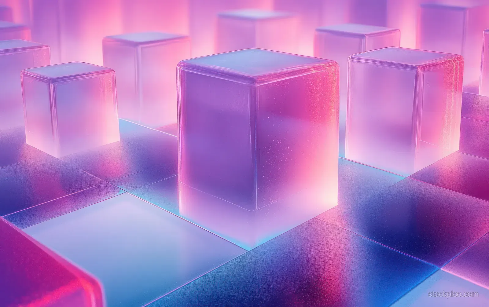 Translucent cubes in pink and blue light reflect on a glossy gradient floor with soft haze.