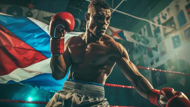 Cuban lightweight boxer throws a punch in a ring with flag draped behind