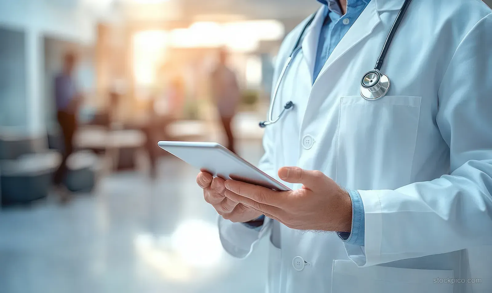 Doctor in a white coat holds a digital tablet while walking in a bright clinic corridor with blurred people behind.
