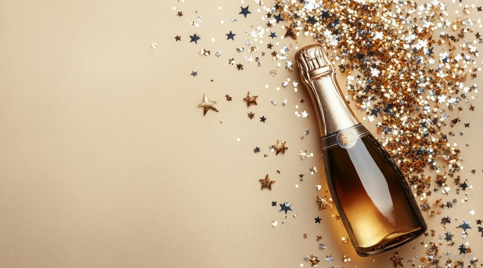 Gold foil champagne bottle lying on beige surface with scattered star confetti in gold, silver, and black.