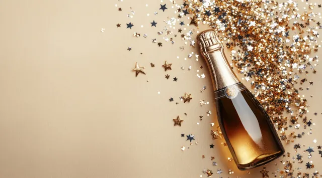Gold foil champagne bottle lying on beige surface with scattered star confetti in gold, silver, and black.