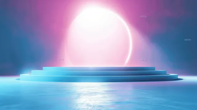 Neon blue abstract stage with glowing orb light and layered platform for product display