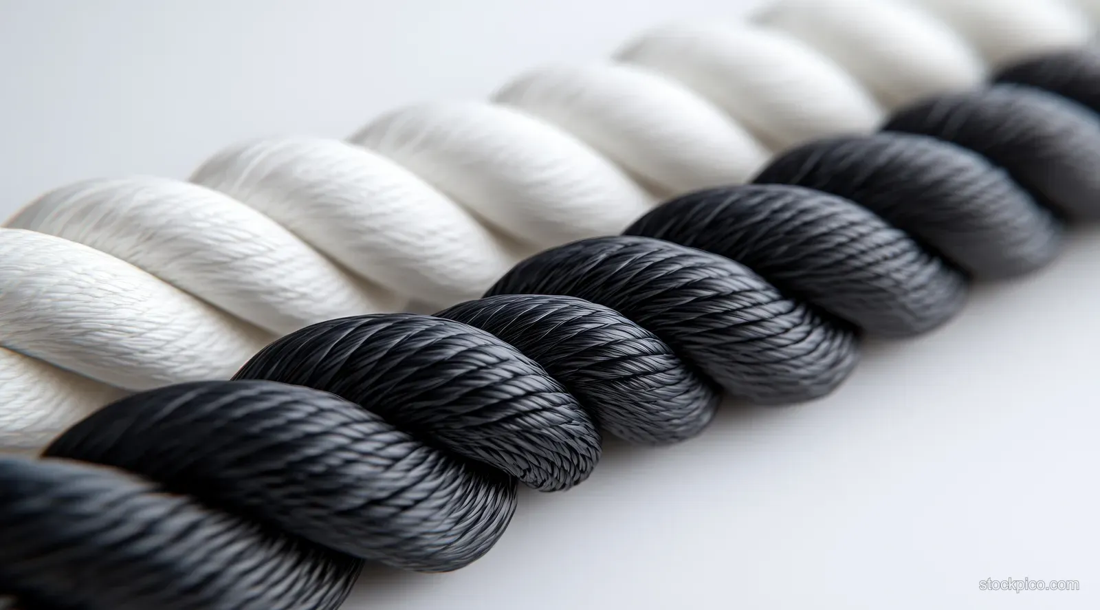 Black and white knitted scarf strands laid parallel on a light background showing chunky yarn texture.