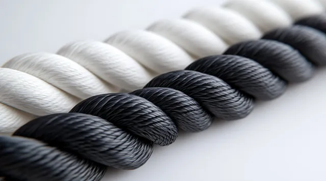 Black and white knitted scarf strands laid parallel on a light background showing chunky yarn texture.