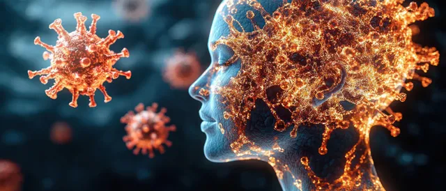 Side view of a translucent human head with glowing virus particles swirling around it on a dark background.