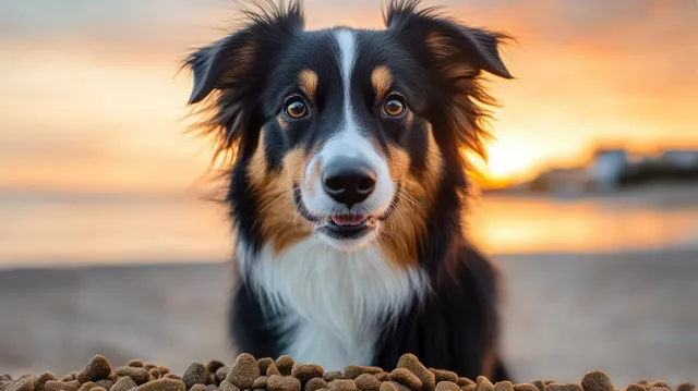 Black and brown dog with bright eyes stares at the camera while kibble rests on the sand at a sunset beach.