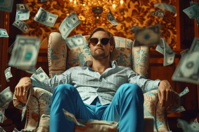 A wealthy man reclines in an armchair wearing sunglasses as floating dollar bills surround him.