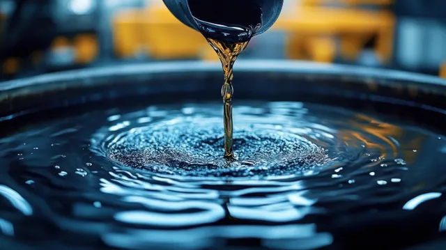 Dark liquid pours into a basin, creating concentric ripples and a swirling reflective surface.