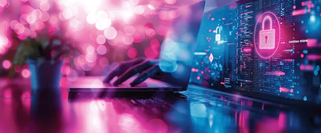 A glowing digital padlock and encryption code overlay a laptop screen in a cyber security scene.