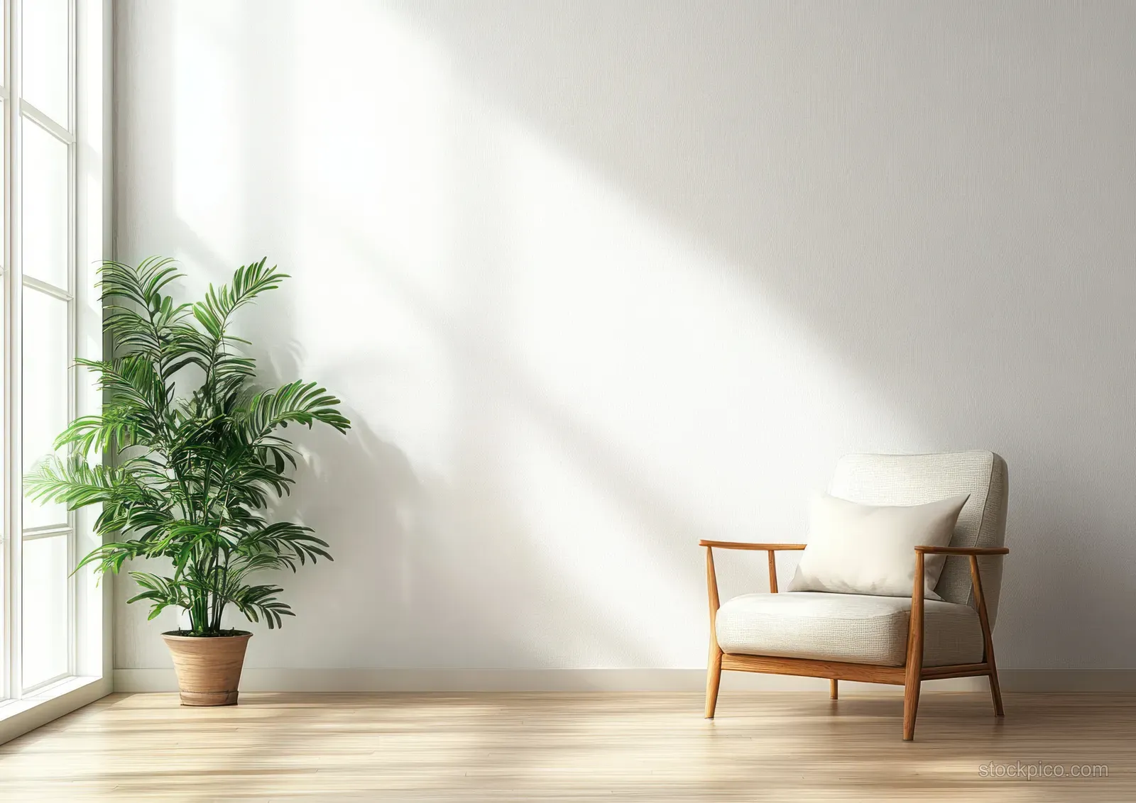 Sunlit minimalist living room corner with a wooden armchair, white cushions, and a potted plant by the window.