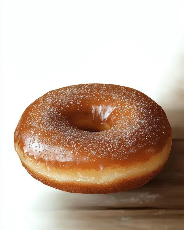 A glazed doughnut with sugar crystals rests on a wooden surface against a plain white background.