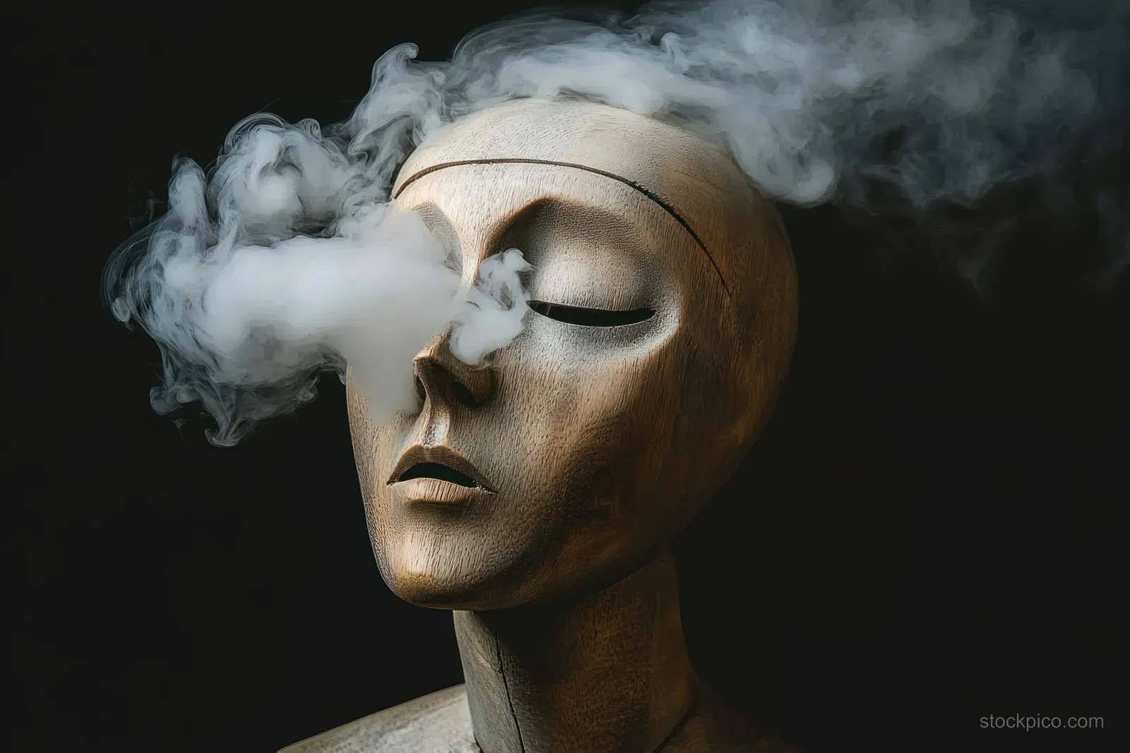 Wooden mannequin head with closed eyes exhaling thick white smoke into a dark studio background.