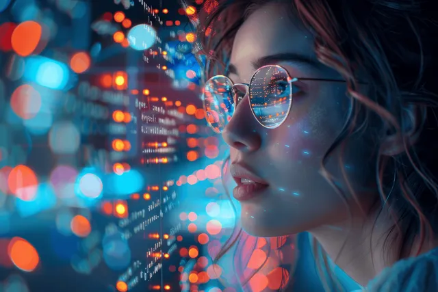 Woman wearing glasses gazes at colorful city lights while code-like lines glow around her face.