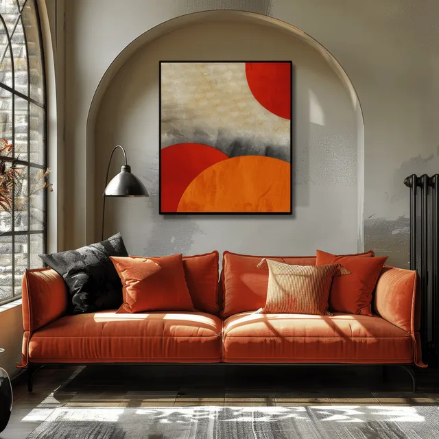 Orange sofa beneath arched window wall art, modern living room with wooden floor