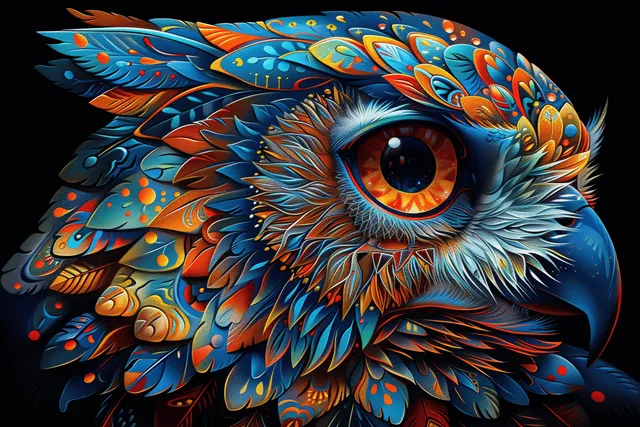 A vibrant fantasy owl head illustration showcases intricate feather details and mystical patterns in dreamlike colors.