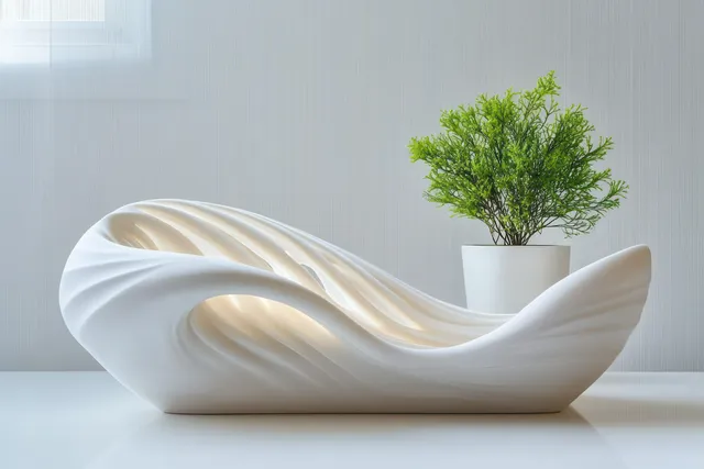 Minimalist white sculptural lamp with flowing curve beside potted green plant in soft light