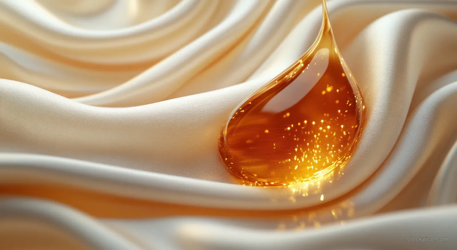 Golden honey oil droplet rests on glossy cream swirls under warm, dramatic spa lighting.