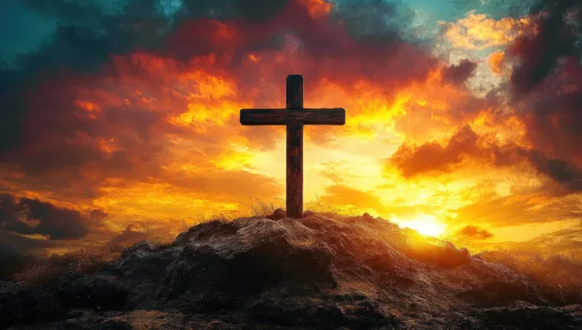 A wooden cross silhouette stands on a rocky hill against fiery orange sunset clouds.