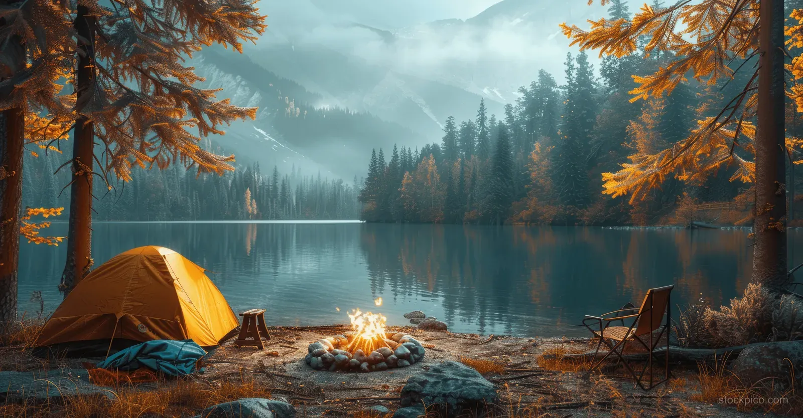 Autumn tent and chairs sit by a lit campfire along a forest lake at dusk.