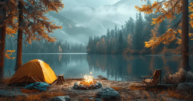 Autumn lakeside campsite with tent and campfire, chairs set by rippling water at dusk