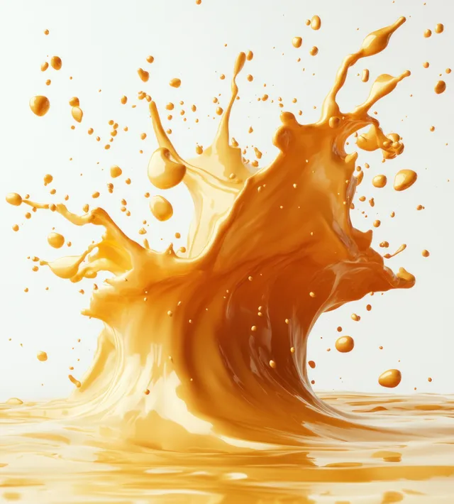 Golden fish oil capsule cracking with oily splashes on a clean white background