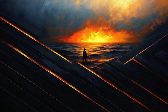 A lone silhouetted person stands by the ocean under a fiery sunset, framed by dark angular structures.