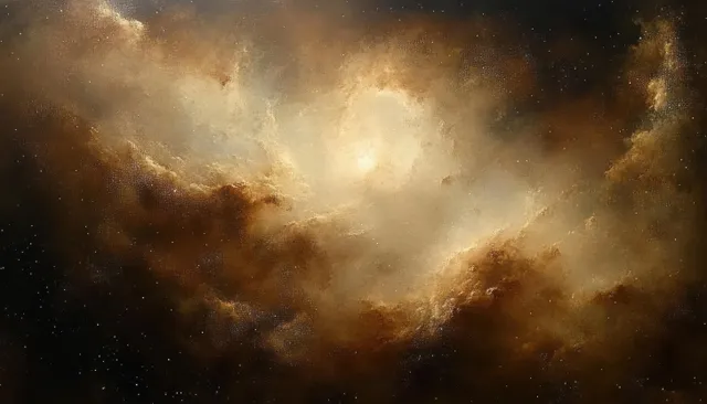 Golden and brown nebula gas clouds glow across a dark star-filled deep space background.