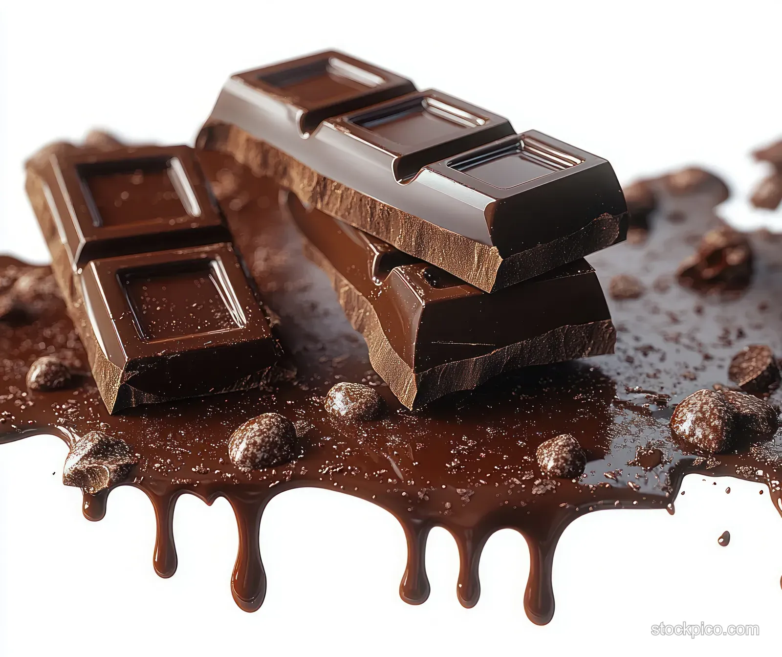Dark chocolate bars sit on melted chocolate with crumbs scattered around and glossy drips hanging below.