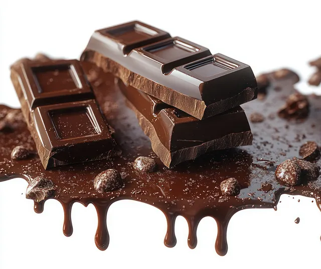 Dark chocolate bars sit on melted chocolate with crumbs scattered around and glossy drips hanging below.