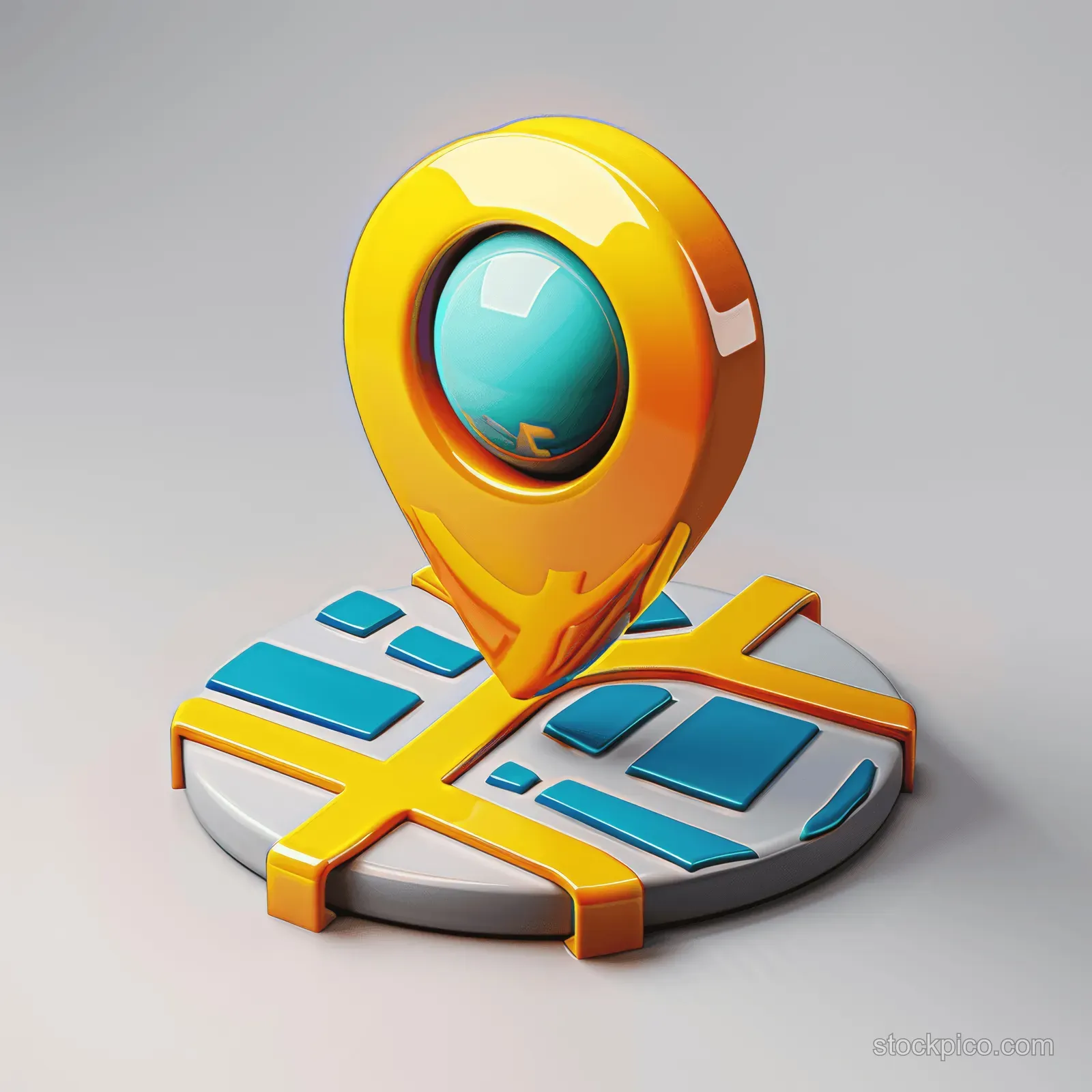 A yellow GPS location pin icon rests on a folded map with colored route markers and small map tiles.