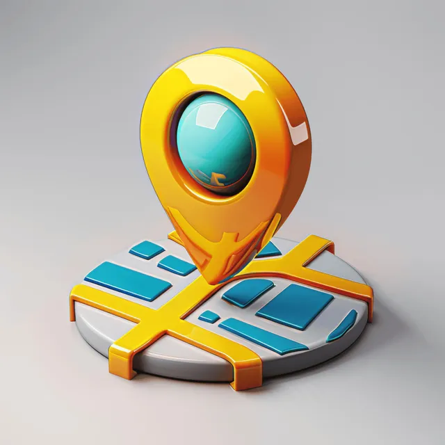 Isometric yellow GPS location pin icon on folded map with route direction markers