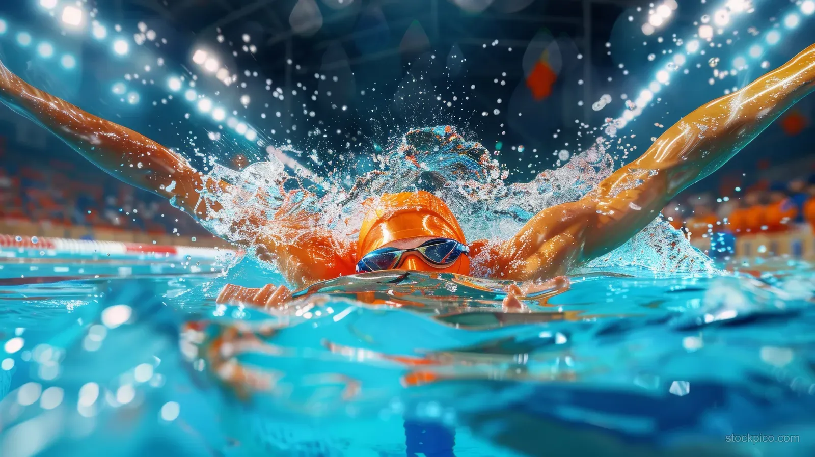 A Dutch freestyle swimmer in orange goggles accelerates through the pool with large water splashes.