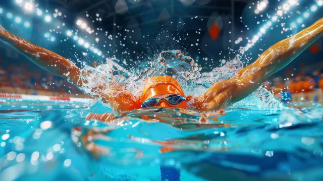 Un nadador neerlandés de estilo libre con gafas naranjas acelera por la piscina con grandes salpicaduras de agua.