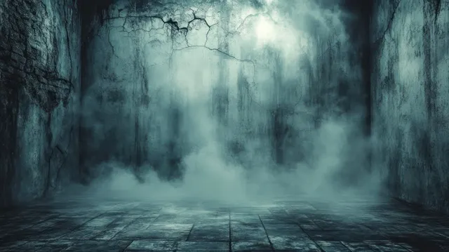 Fog blankets a tiled concrete floor as cracked walls loom in a dark noir room with a cold spotlight beam.