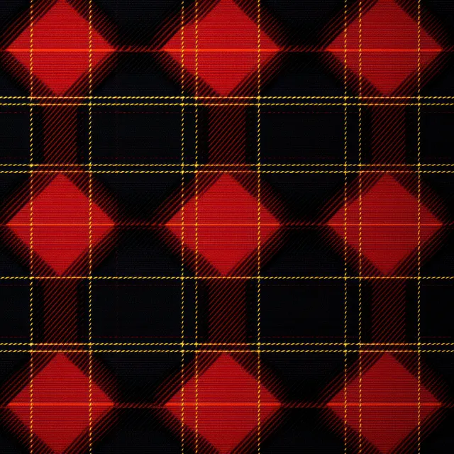 Red and black tartan plaid fabric shows yellow stitching lines forming a geometric grid pattern.