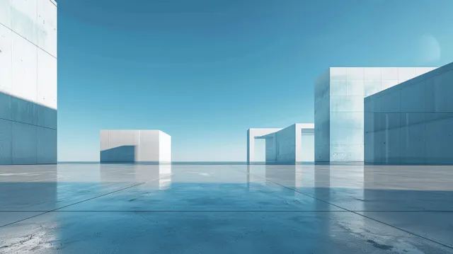 Minimalist 3D courtyard with reflective concrete floor, modern geometric buildings, and open blue sky space for presentation.