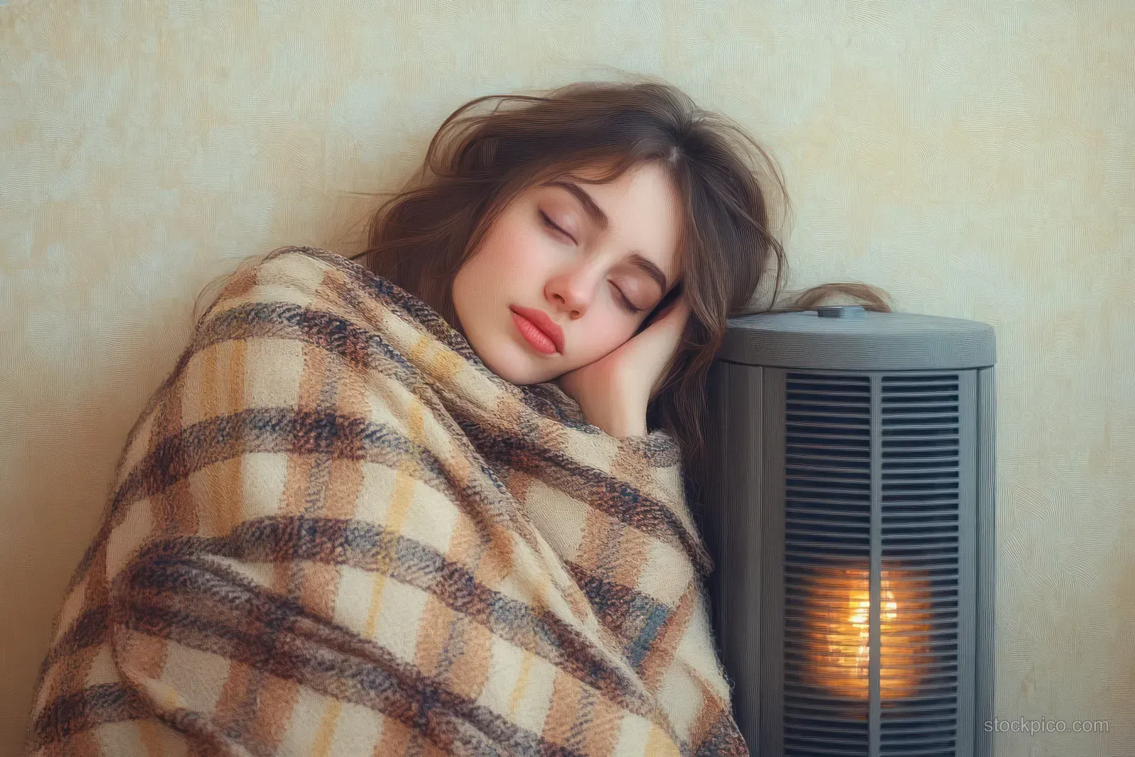Woman wrapped in a plaid blanket sits beside an electric space heater glowing against a winter room wall.