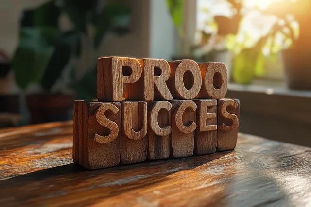 Stacked wooden letter blocks on a table spell “PROO” and “SUCCESS” in warm sunlight.
