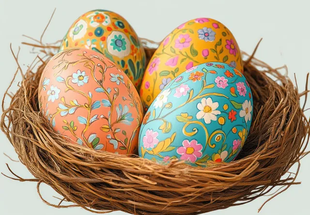 Four colorful floral eggs in a twig nest on a pale background.