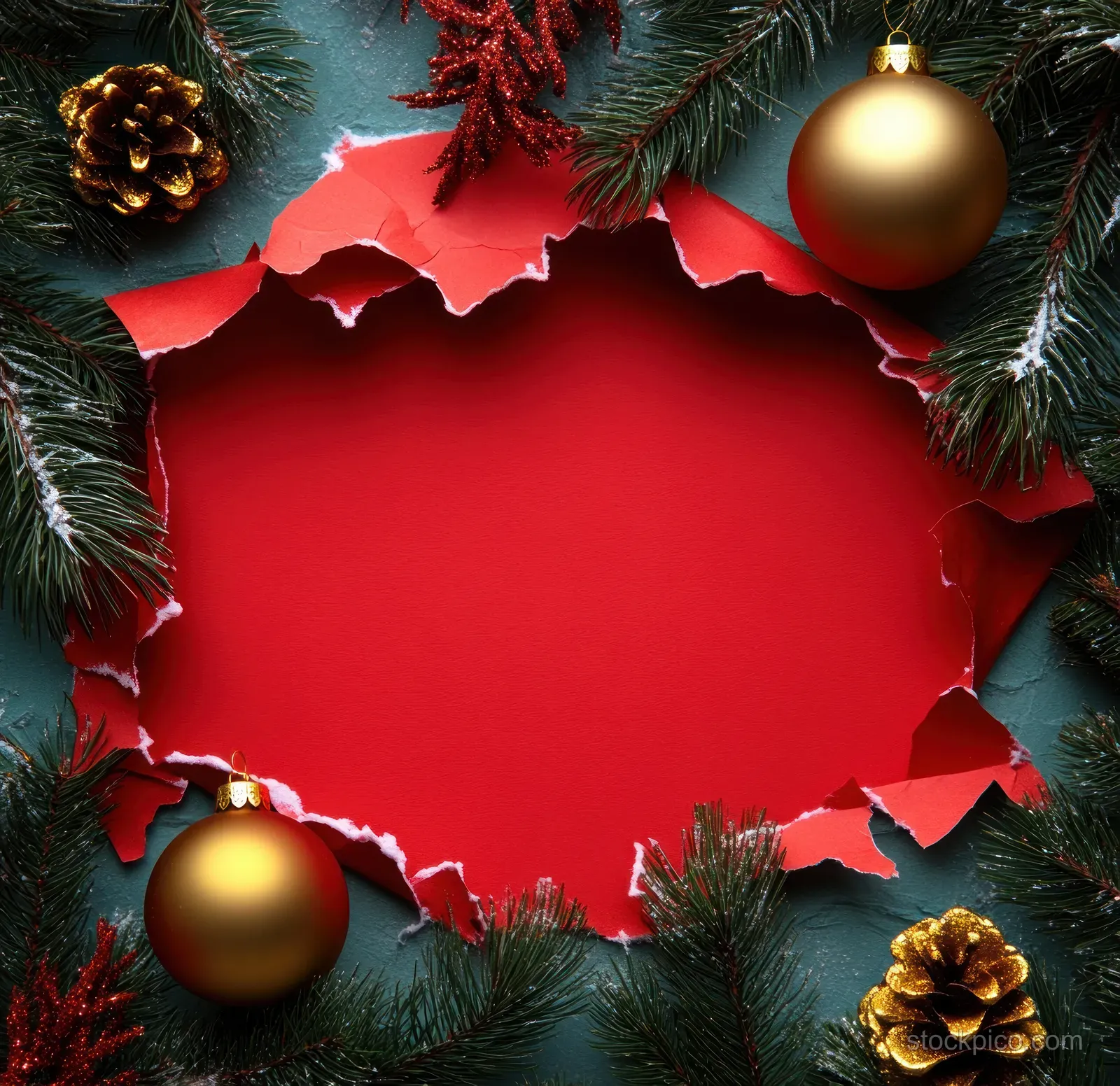 Torn red paper circle for a Christmas card surrounded by pine branches, pinecones, and gold ornaments.
