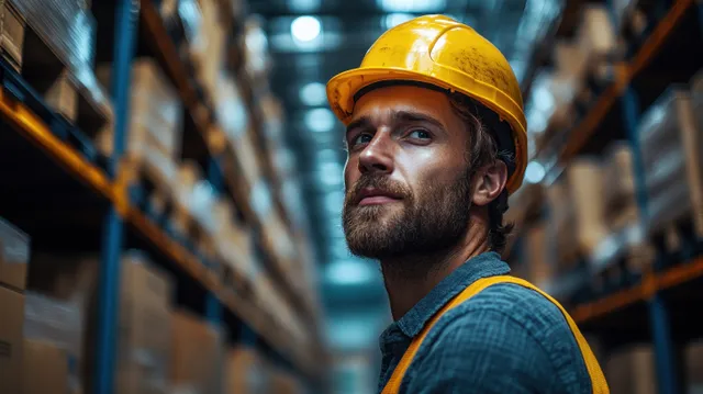 Construction worker in a yellow hard hat holding a tablet in a warehouse aisle between stacked boxes.