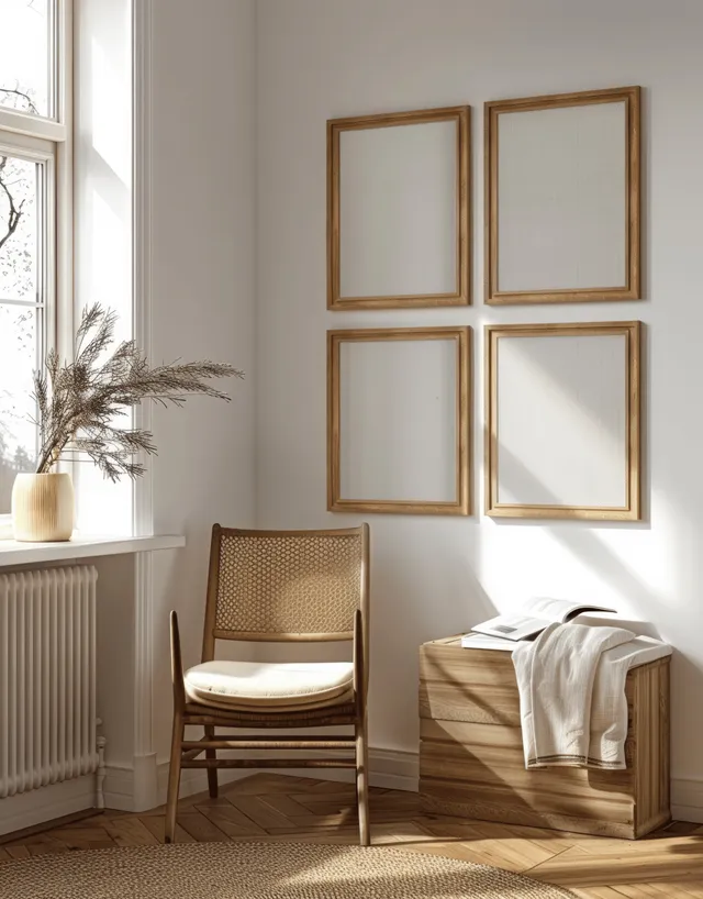 Scandinavian living room corner with blank wooden mock frames on the wall, a chair, and sunlight from a window.