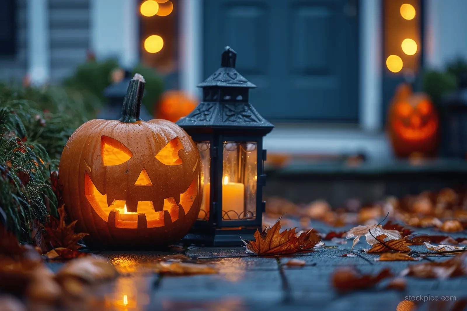 A carved jack-o'-lantern glows beside a lit lantern and fallen leaves on an autumn front porch at night.