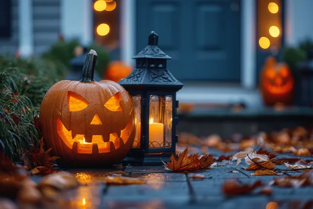 A carved jack-o'-lantern glows beside a lit lantern and fallen leaves on an autumn front porch at night.