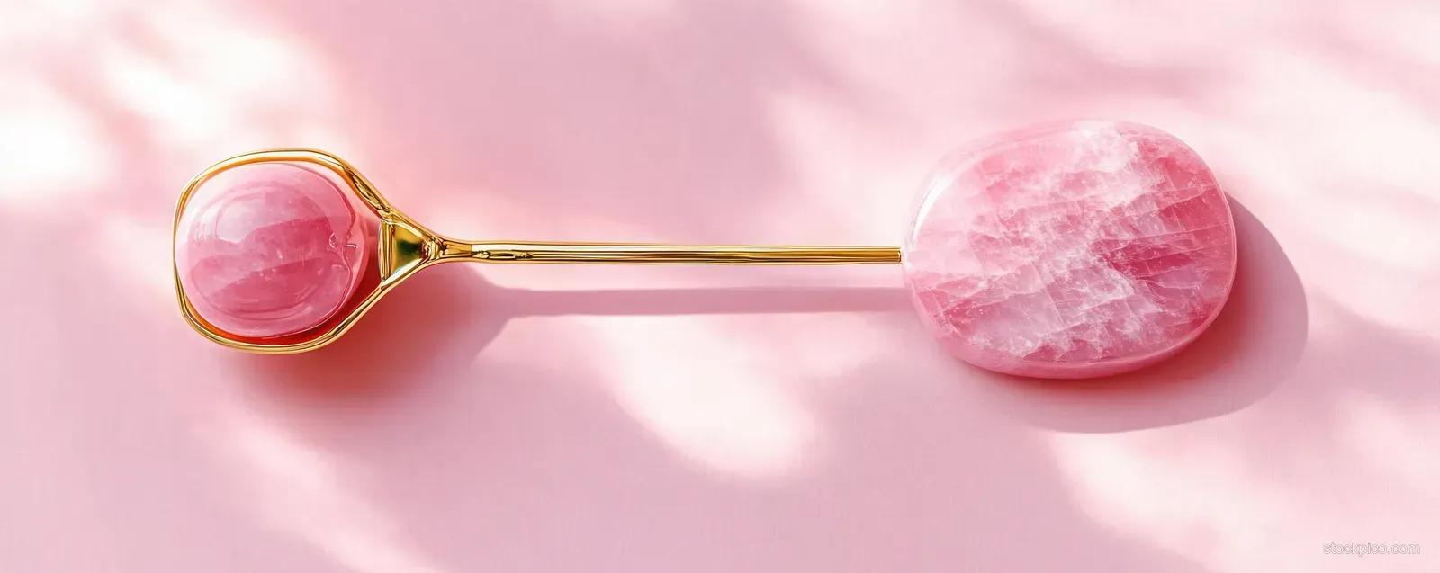 Pink quartz gua sha and jade roller arranged on soft pink marble for facial massage.